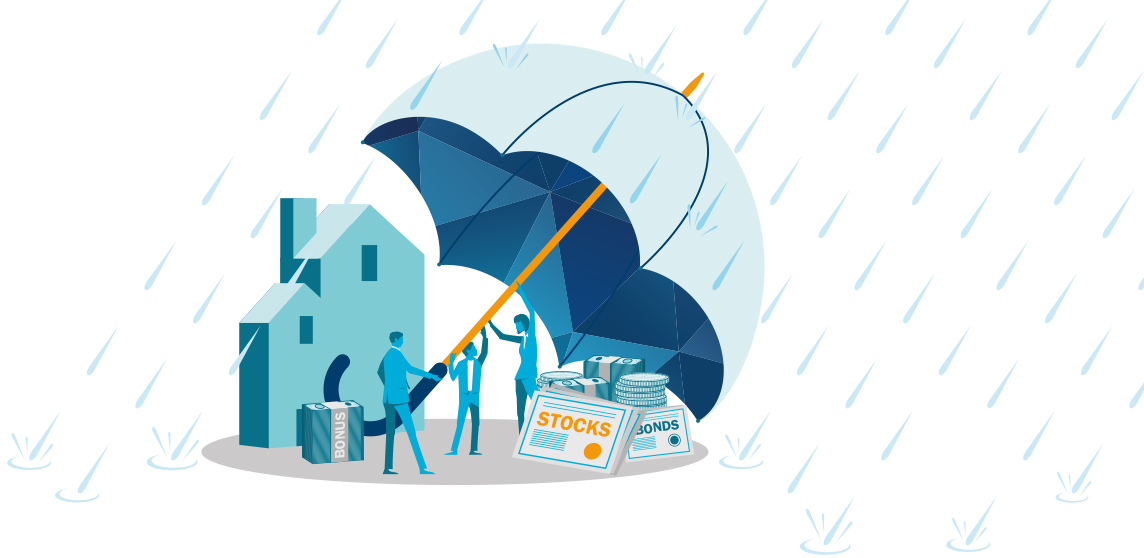 An infographic of a group of people holding an umbrella over investments